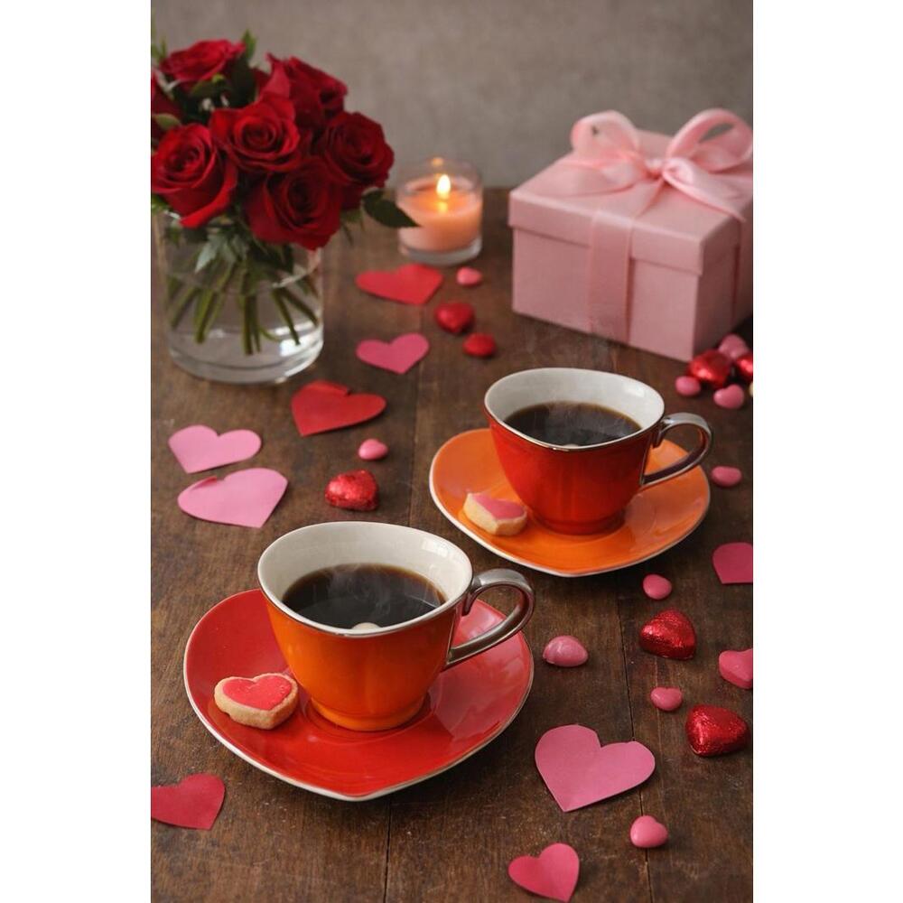 Classic Coffee & Tea Inside Out Heart Collection 6 Sets Cups Saucers Valentine!